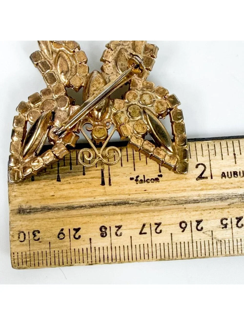 Vintage AB Amber Prong Set Rhinestones Navette Gold Tone Butterfly Brooch Pin
